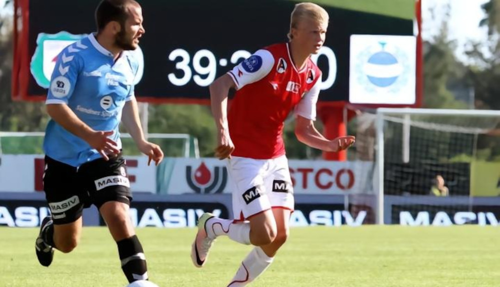 Erling Haaland wearing the Bryne FK shirt during his early professional career